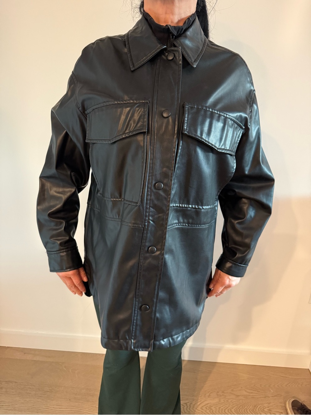 Zara Black Faux Leather Military Field Jacket